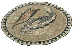 Mosaic of Fish on the floor of the Chapel of the Centurion, Megiddo, Israel